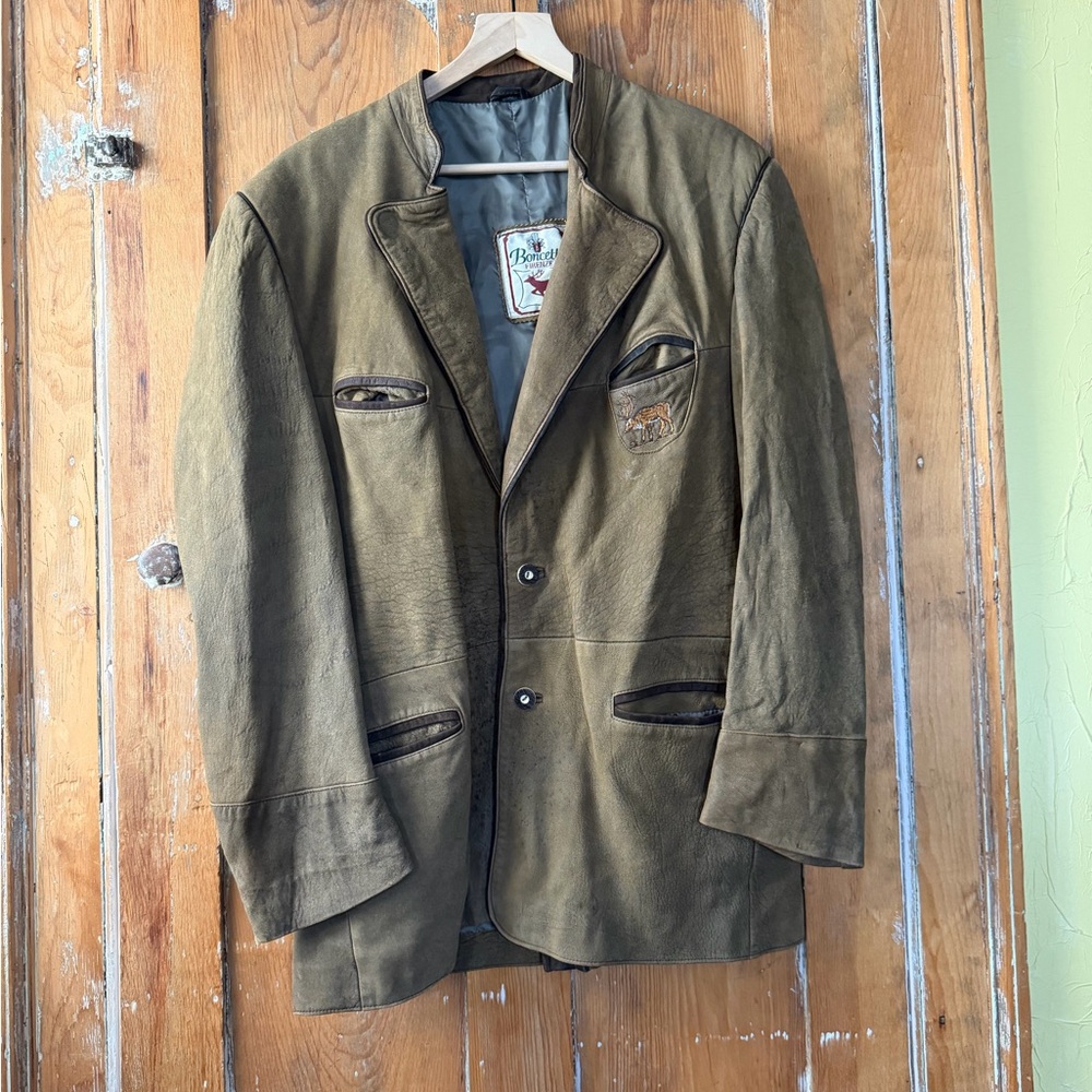 Vintage Leather Bavarian Jacket: Men's Xxl stag Embroidery